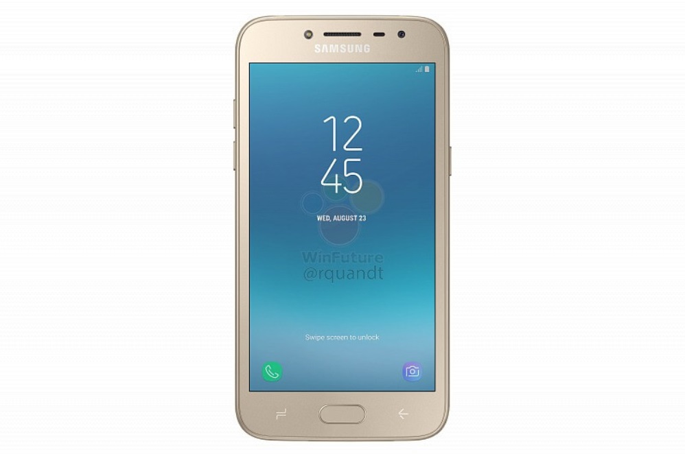 Render filtrado del frente del Samsung Galaxy J2 (2018) color dorado.