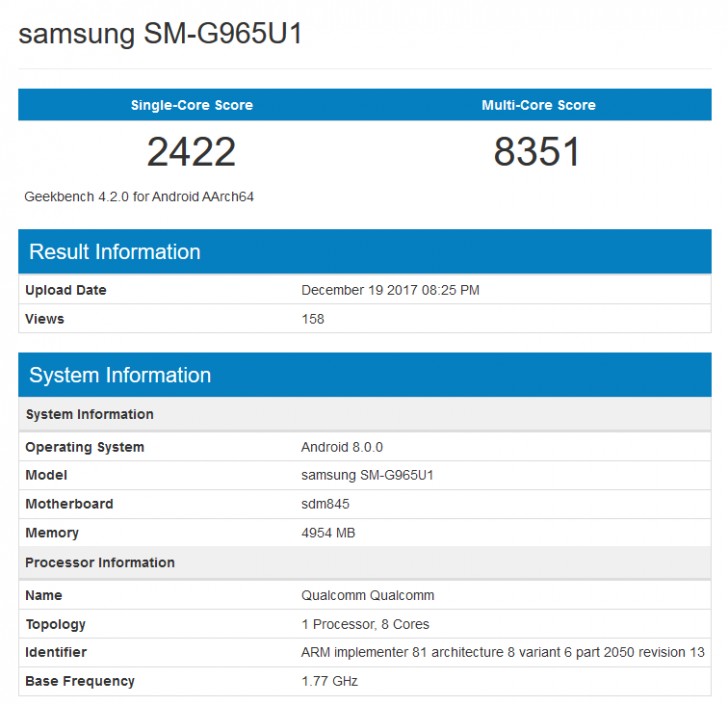 Resultados de benchmarking del Samsung Galaxy S9+ en el sitio Geekbench.