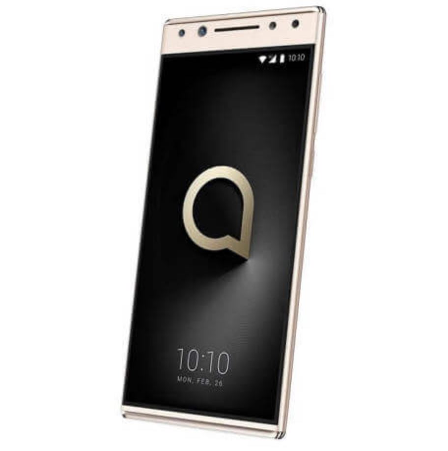 Render frontal con visión de la arista derecha del Alcatel 5 de color dorado.