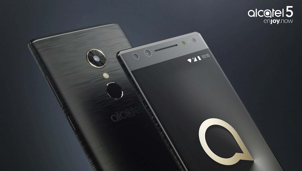 Render oficial del extremo superior del frente y dorso del Alcatel 5 color negro.