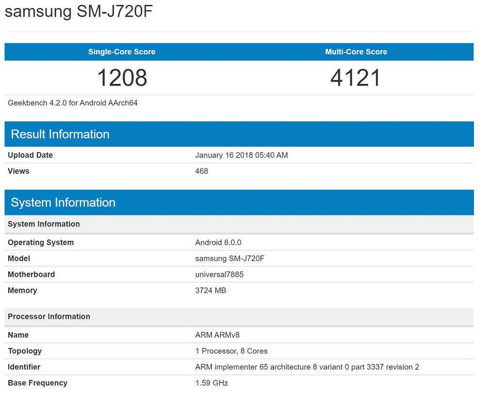 Características filtradas en Geekbench del supuesto Samsung Galaxy J8 (2018). 
