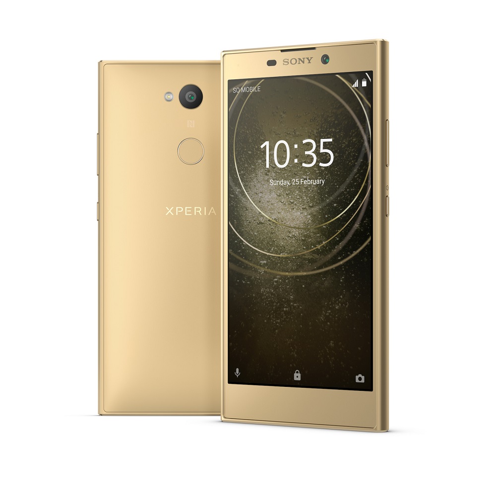 Render oficial del frente y dorso del Sony Xperia L2 color dorado.