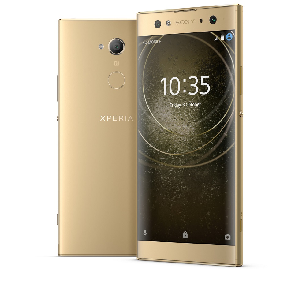 Render oficial del frente y dorso del Sony Xperia XA2 Ultra color dorado.