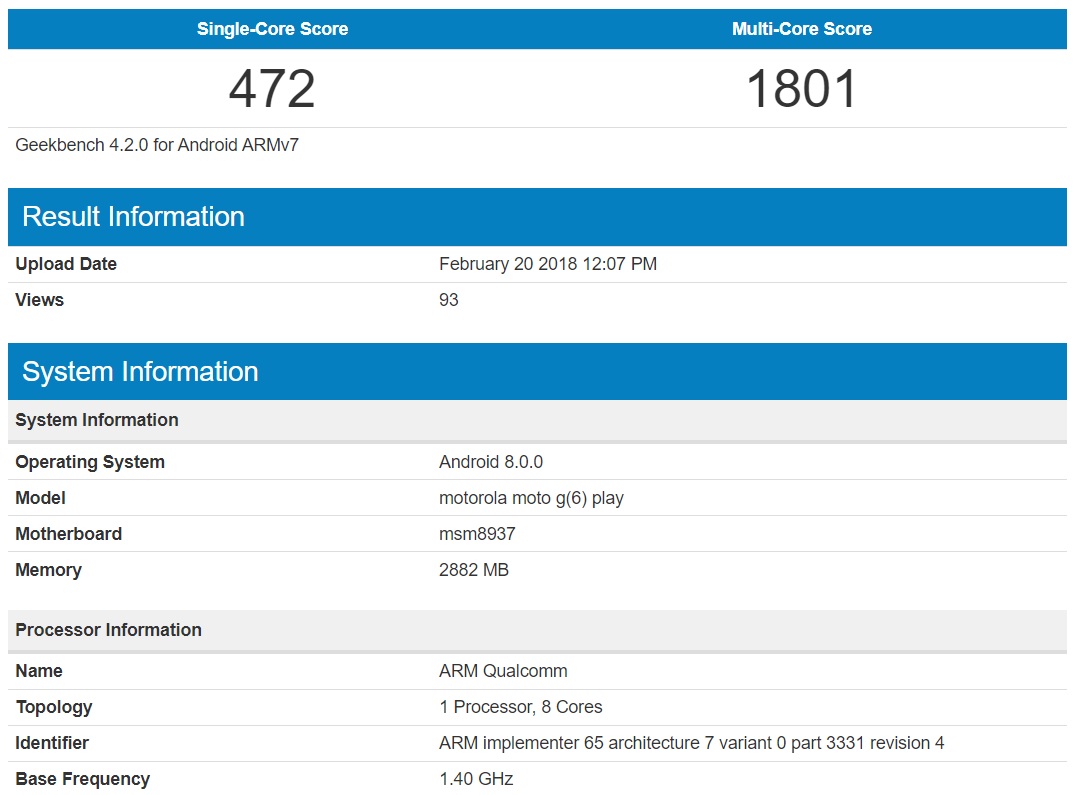 Características del Motorola Moto G6 Play según el sitio Geekbench.