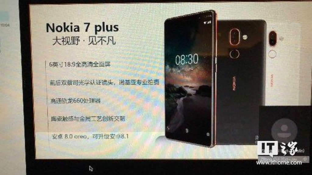 Fotografía de una pantalla que muestra un render del Nokia 7 Plus con sus características listadas.