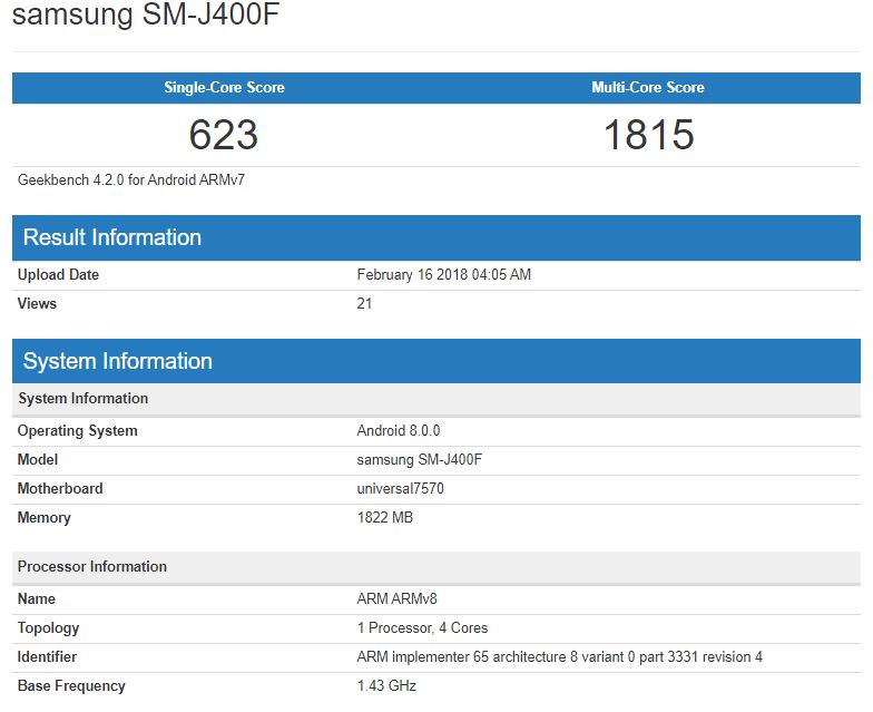 Valores arrojados por Geekbench del supuesto Samsung Galaxy J4.