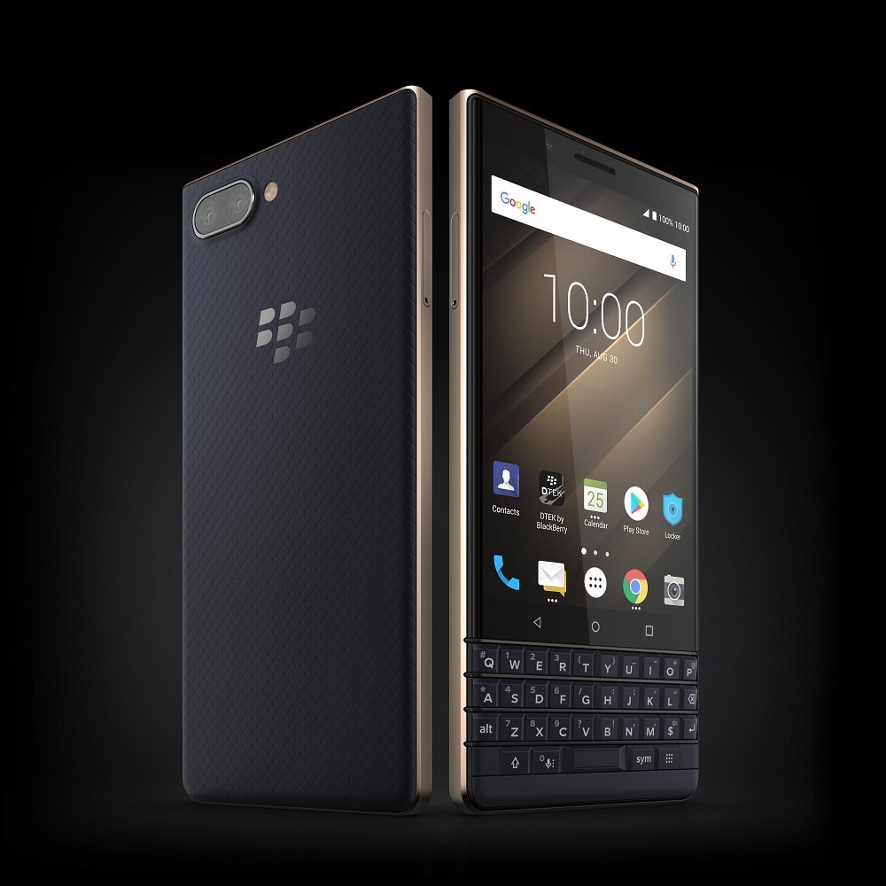 Render frontal y dorsal del BlackBerry KEY2 LE color "Champagne".
