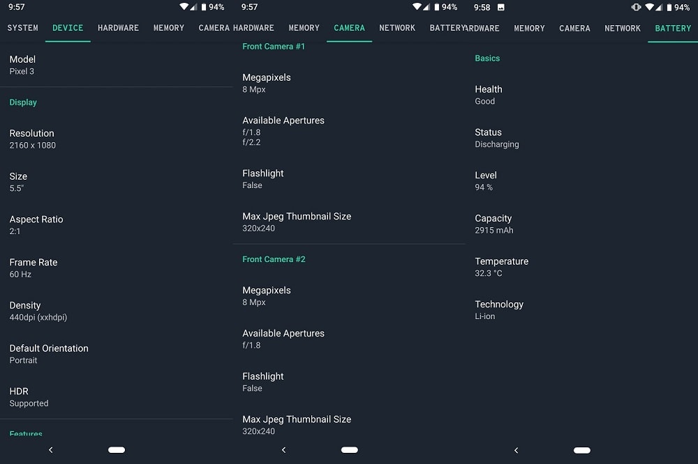 Supuestas capturas de pantalla filtradas de las especificaciones del Google Pixel 3. 