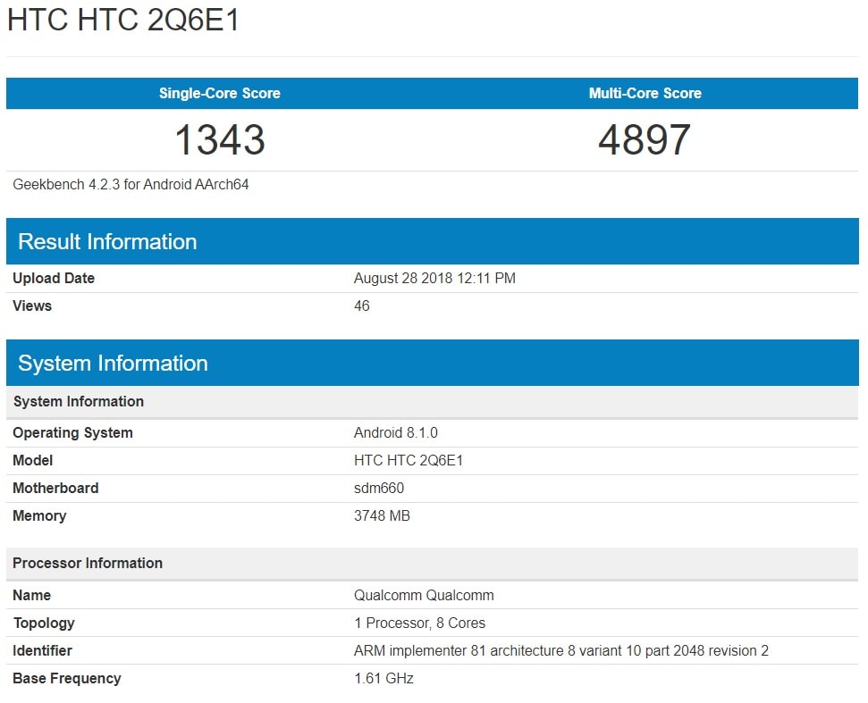 Captura de pantalla del HTC U12 Life en Geekbench.