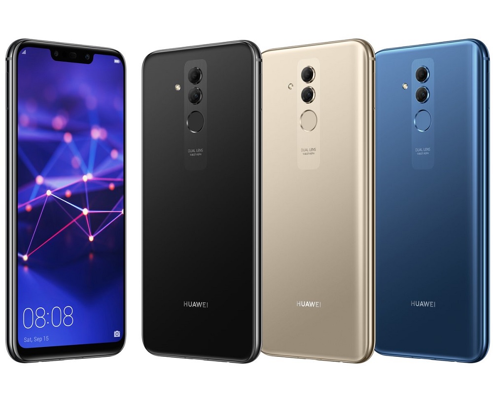 Frente y dorso del Huawei Mate 20 Lite en tres colores diferentes