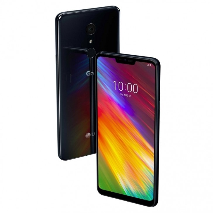 Render oficial del frente y dorso del LG G7 Fit color "New Aurora Black". 