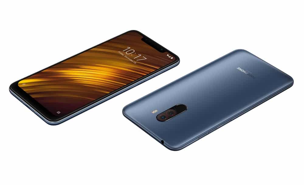 Render oficial del frente y dorso del Xiaomi POCO F1 color "Steel Blue".