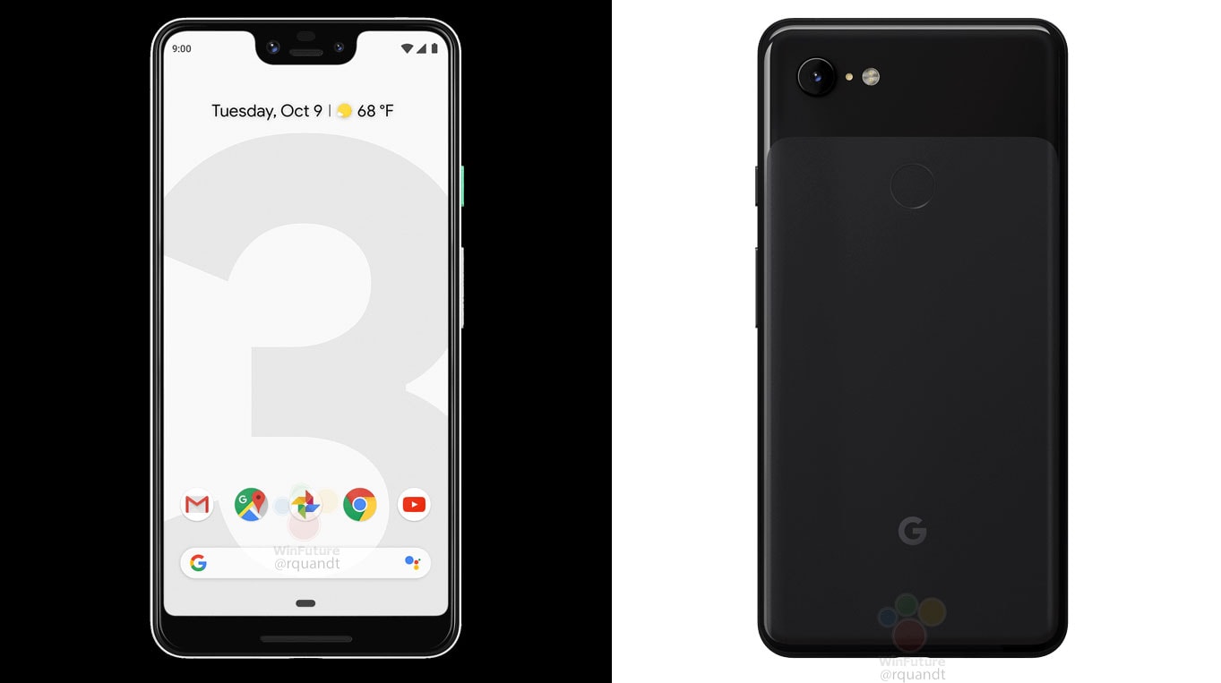 Render filtrado del frente y dorso del Google Pixel 3 XL en color negro.