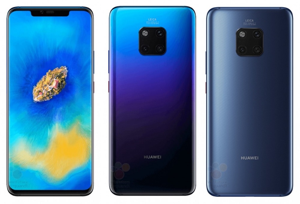 Render filtrado del frente y dorso del Huawei Mate 20 Pro en dos colores diferentes.
