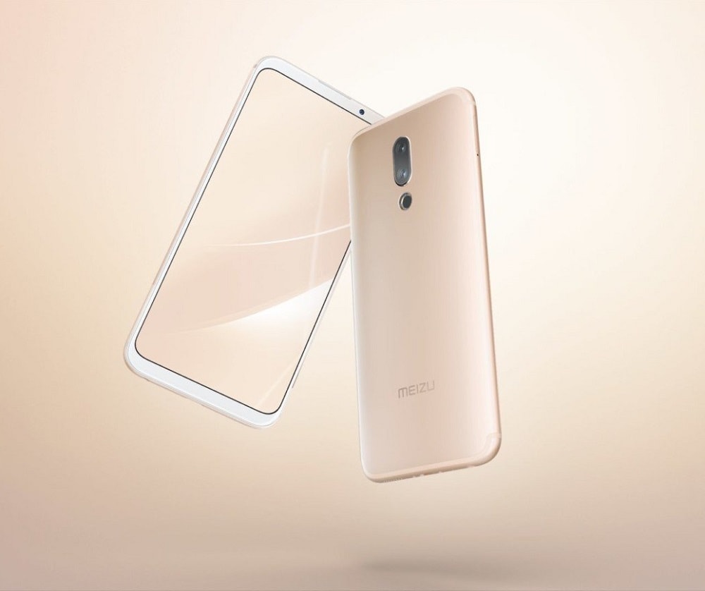 Render oficial del frente y dorso del Meizu 16X en color "Noble Gold".