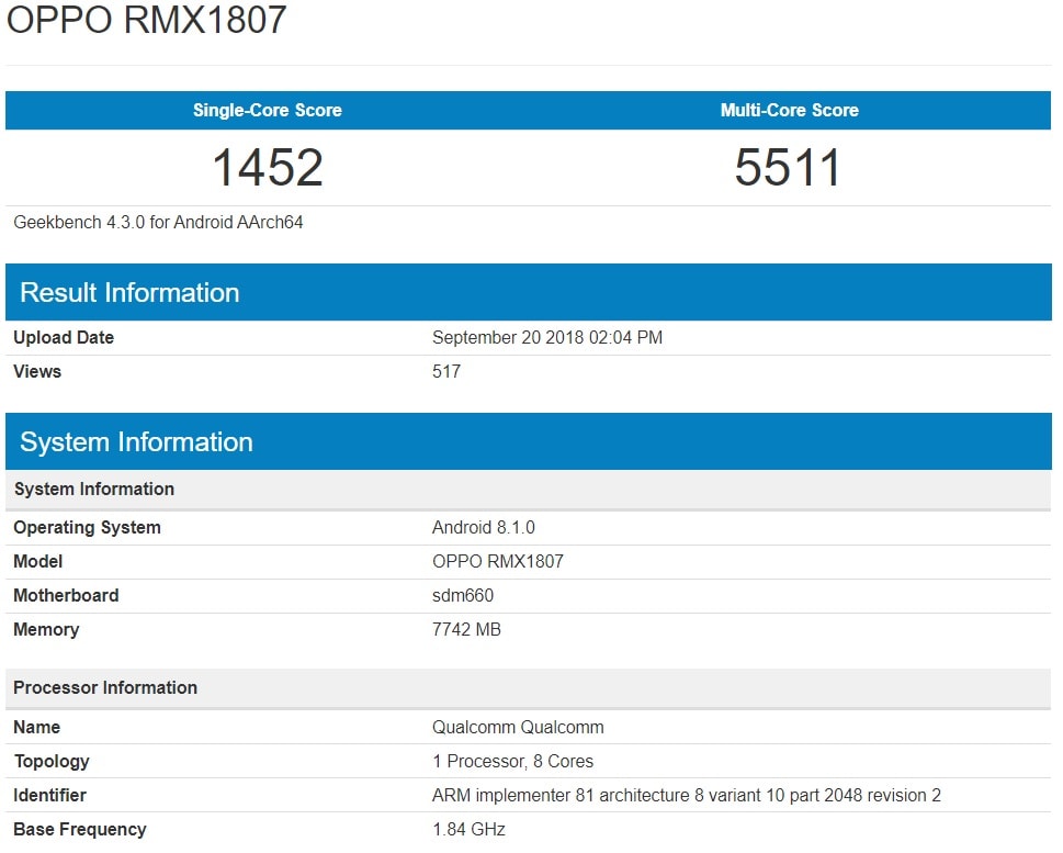 Captura de pantalla del OPPO Realme 2 Pro en una prueba de benchmarking de Geekbench.