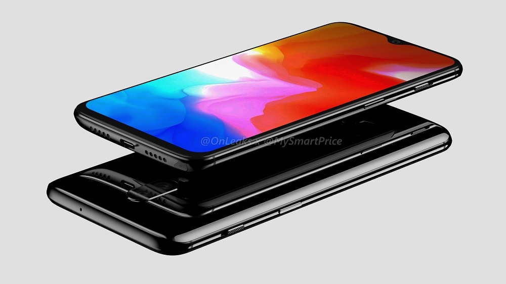 Render filtrado del frente y dorso del OnePlus 6T.