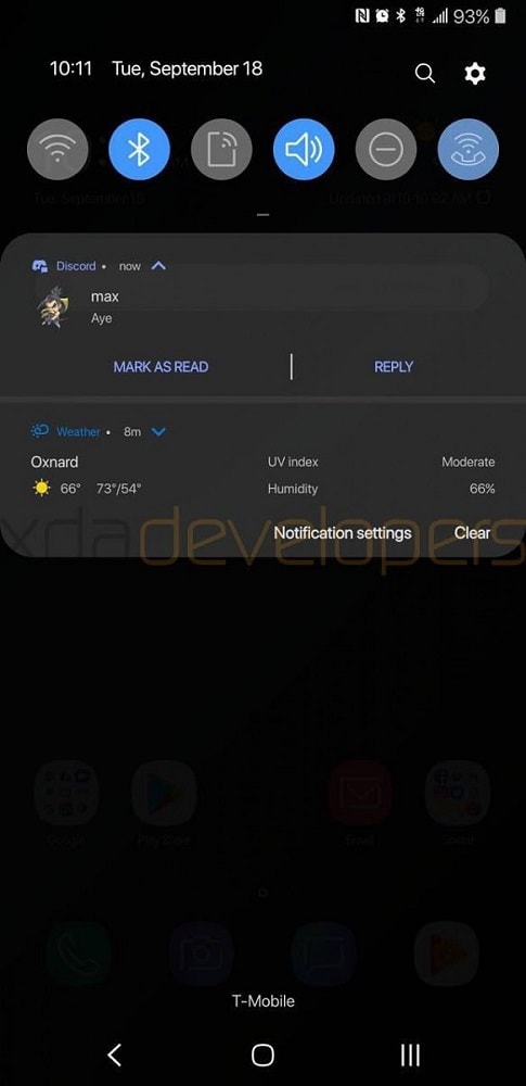 Imagen filtrada del nuevo menú de notificaciones deplegable del Galaxy S9+ corriendo Android Pie.