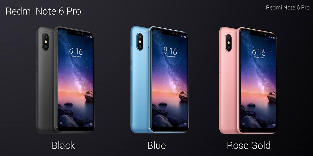 Render oficial del frente y dorso del Xiaomi Redmi Note 6 Pro en sus tres colores.