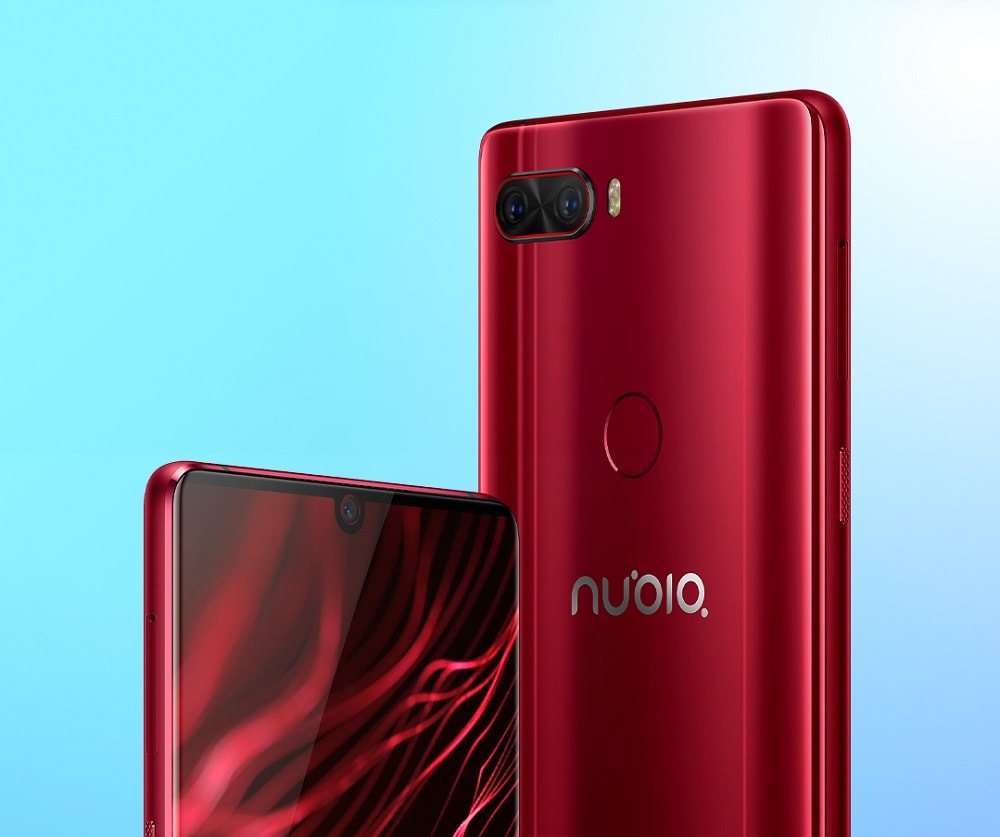 Render oficial del extremo superior frontal y dorso del ZTE Nubia Z18 color "Nebula Red".