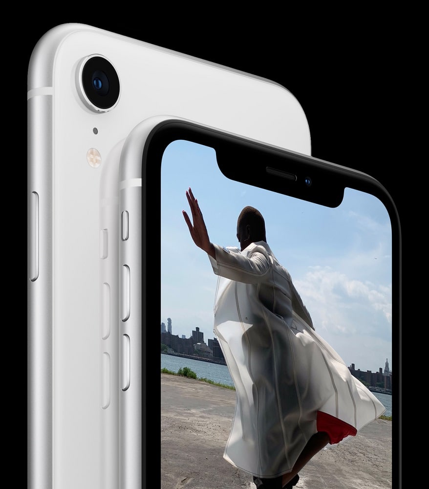 Render oficial del extremo superior frontal y dorsal del iPhone Xr.
