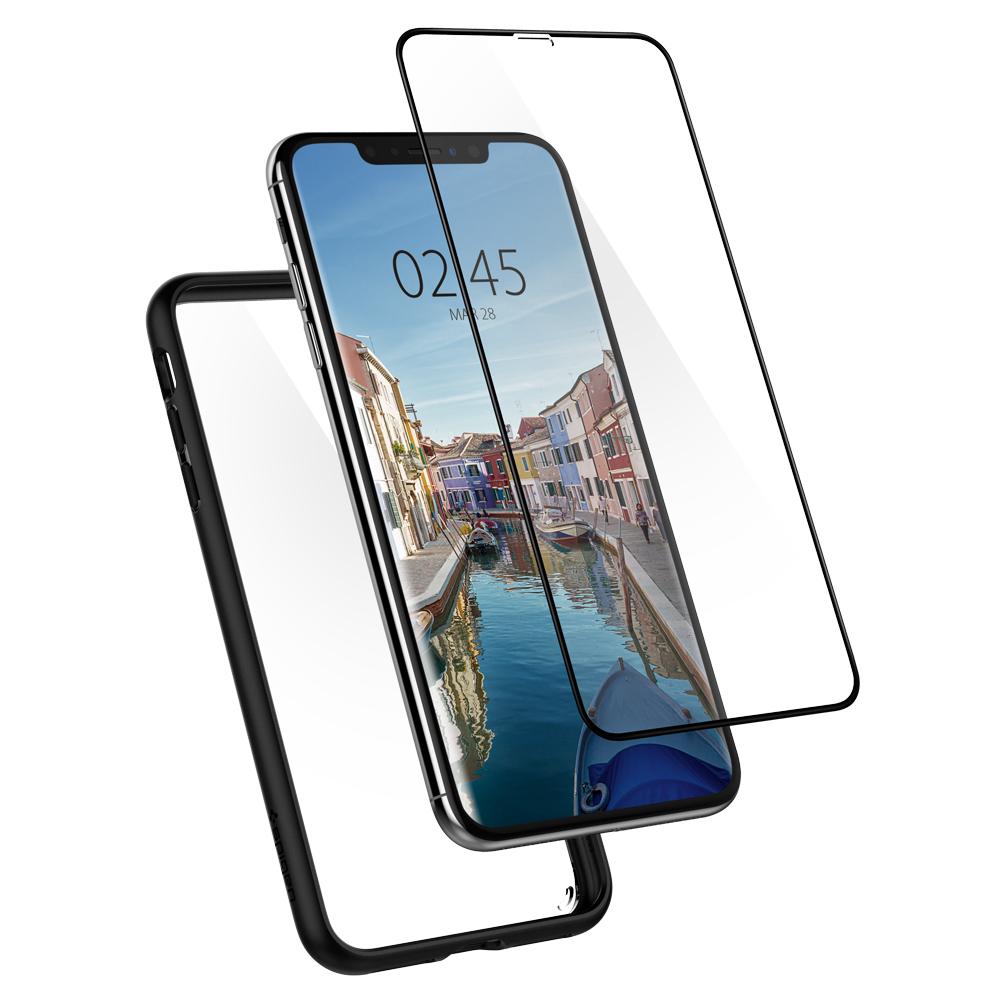 Render filtrado del frente del iPhone Xs Max con carcasa protectora.