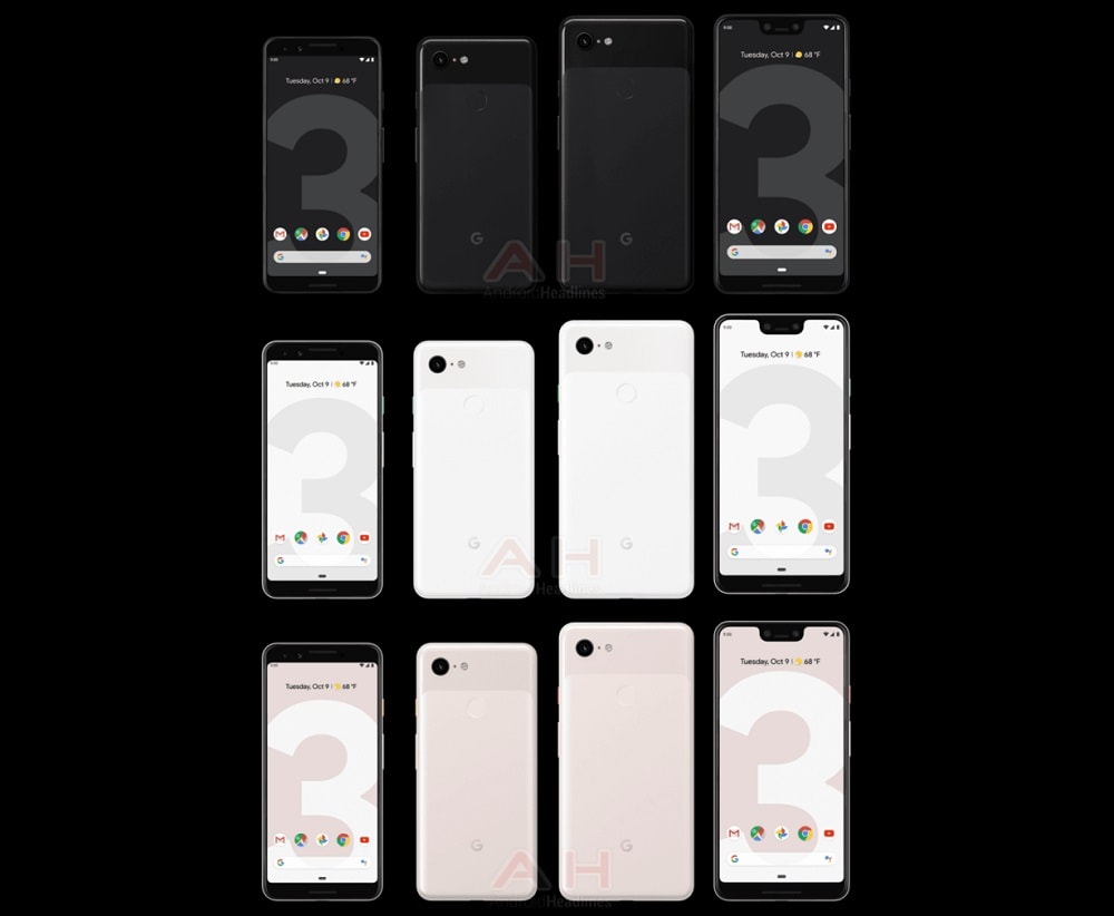 Render filtrado del Google Pixel 3 y Google Pixel 3 XL en tres colores diferentes.