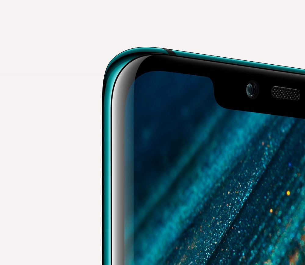 Render oficial de la esquina superior frontal del Huawei Mate 20 Pro color "Emerald Green".