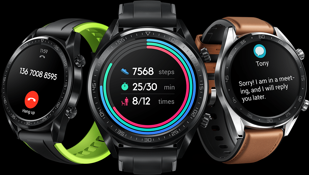 Render oficial del Huawei Watch GT con tres mallas diferentes.