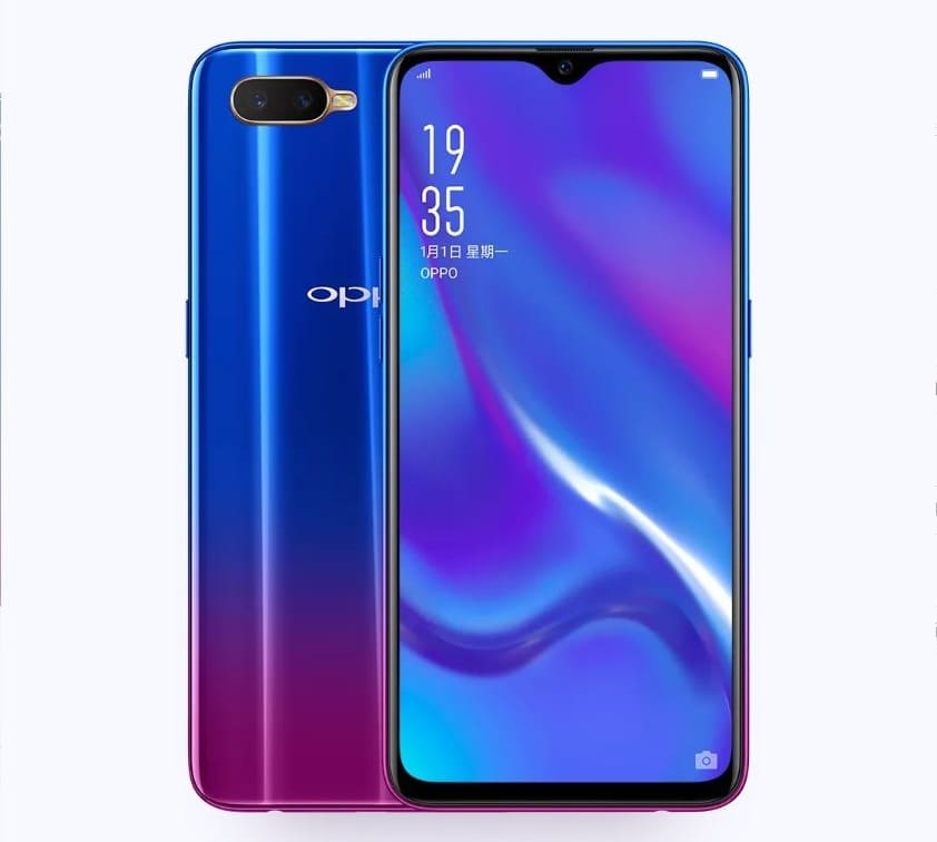 Render oficial del frente y dorso parcial del OPPO K1 color "Van Gogh Blue".