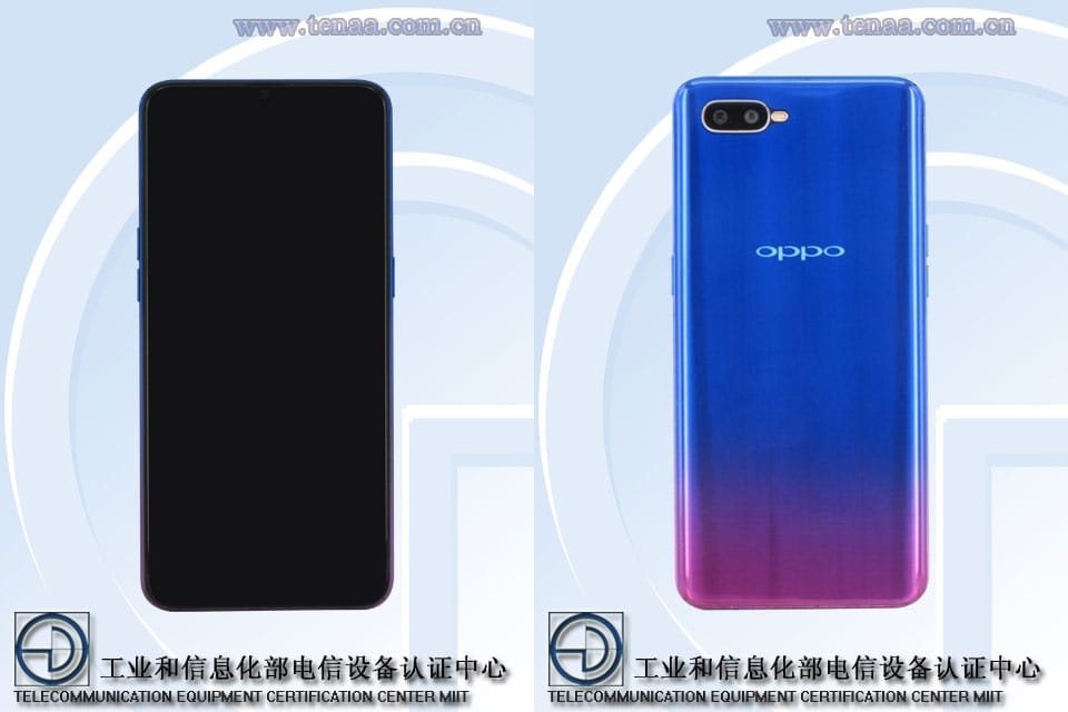 Render frontal y dorsal del OPPO PBCM30 certificado en TENAA.