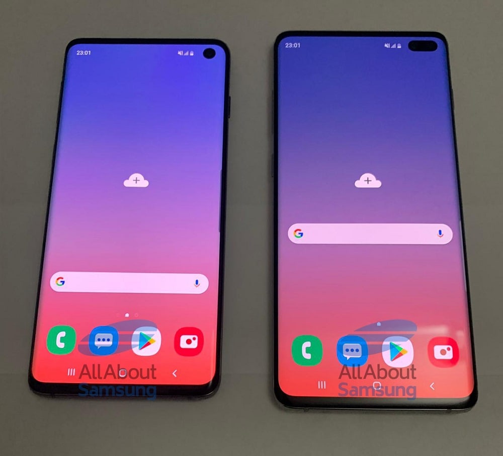 Frente, dorso y arista inferior del Samsung Galaxy S10 y Galaxy S10+