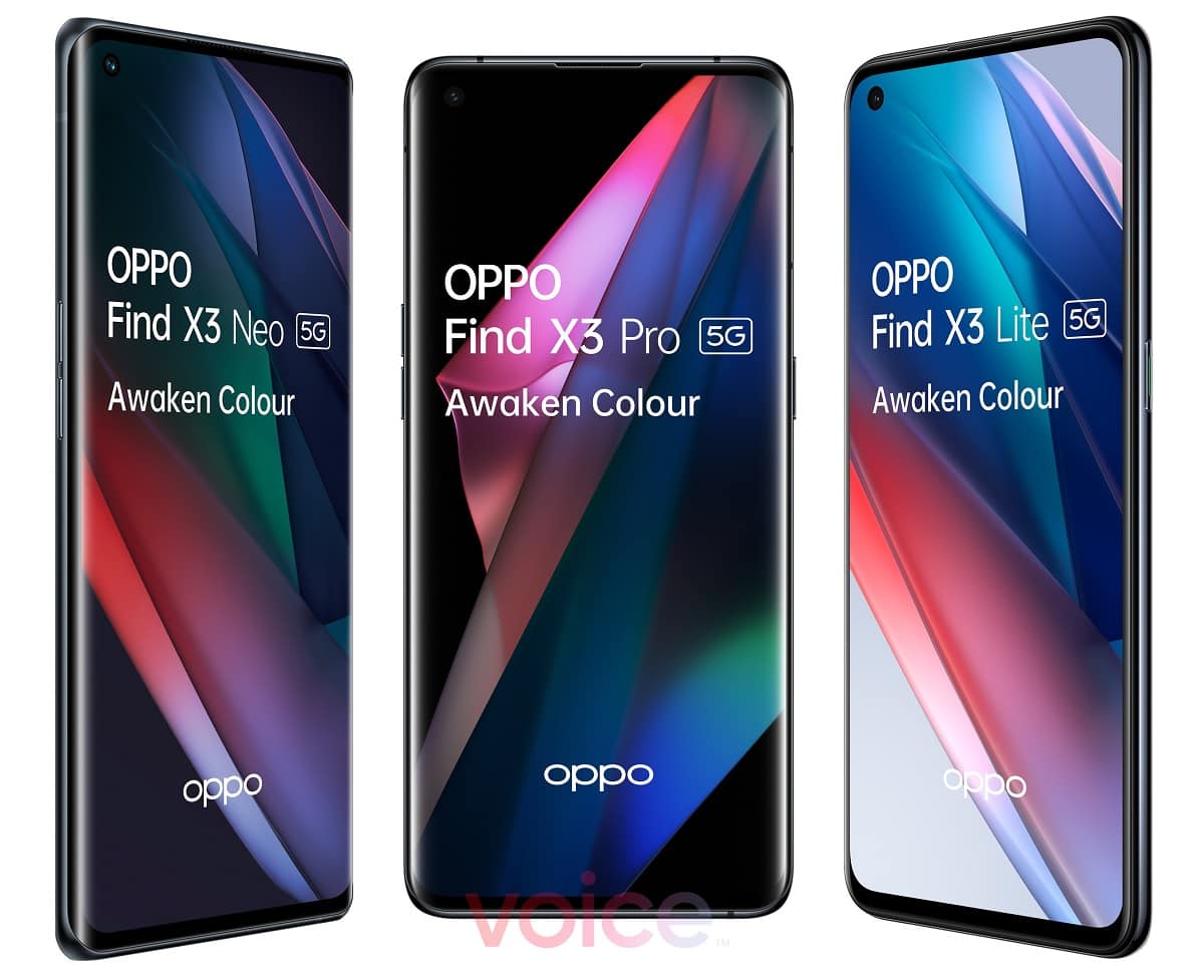 Los OPPO Find X3 Neo, X3 Pro y X3 Lite posan en renders oficiales filtrados